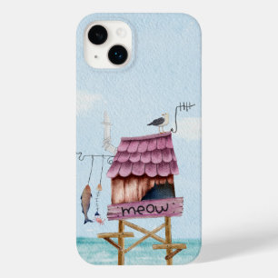 Coque Pour iPhone 14 Plus Pêche de plage rose hut pier sur pilotis oiseau po