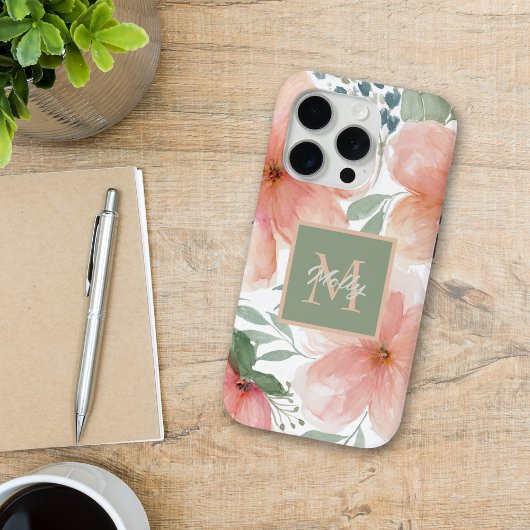 Coques Case-Mate iPhone Pêche et aquarelle verte Florale avec Monogramme