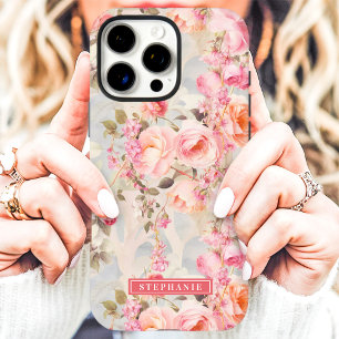 Coques iPhone 16 Pro Max Pêche romantique et nom floral rose