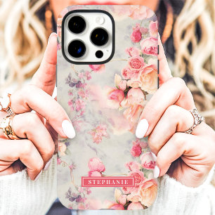 Coques iPhone 16 Pro Max Pêche Romantique et Nom Floral Rose