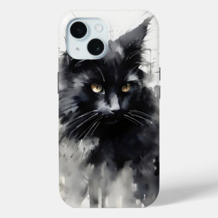 Coque Pour iPhone 15 Peinture à l'encre de chat noire