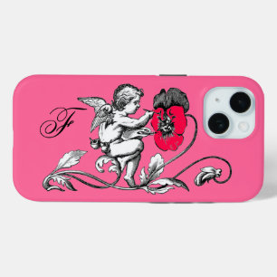 COQUE POUR iPhone 15 PEINTURE D'ANGE UNE FLEURS ROSE, MONOGRAMME