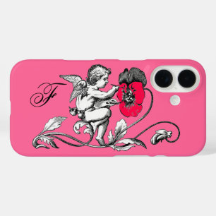 COQUES iPhone 16  PEINTURE D'ANGE UNE FLEURS ROSE, MONOGRAMME