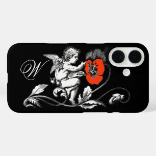 Coques iPhone 16 PEINTURE D'ANGE UNE FLEURS ROUGE, MONOGRAM, Noir