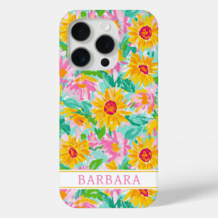 Coque iPhone 15 Pro Peinture de tournesols modernes monogrammée