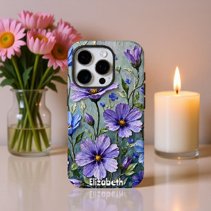 Coques iPhone 16 Pro Peinture florale bleu doux et violet