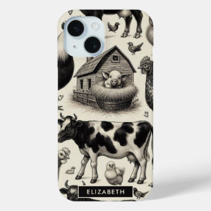 Coque Pour iPhone 15 Peinture vintage d'animaux de ferme