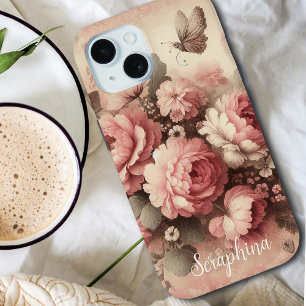 Coque Pour iPhone 15 Peonines rose vintage avec papillon personnalisé