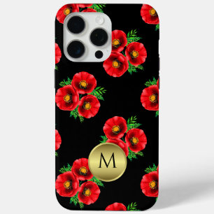 Coque iPhone 15 Pro Max Pépites de fleurs noires et rouges monogrammes