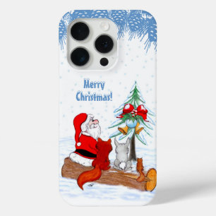 Coque iPhone 15 Pro Père Noël avec Lapin Renard et Écureuil
