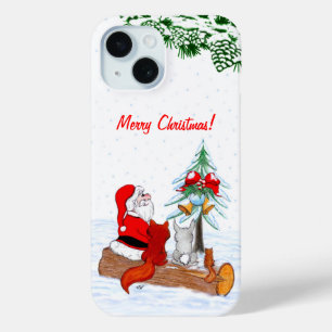 Coque Pour iPhone 15 Père Noël avec Renard de lapin et écureuil