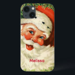 Case-Mate iPhone Case Père Noël vintage avec couronne de pin<br><div class="desc">Un étui téléphonique avec une image rétro montrant un Père Noël souriant et heureux entouré d'une couronne de pin avec une branche de saint dans son casquette.</div>