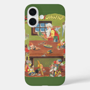 Coques iPhone 16 Père Noël vintage avec des lutins dans l'atelier d
