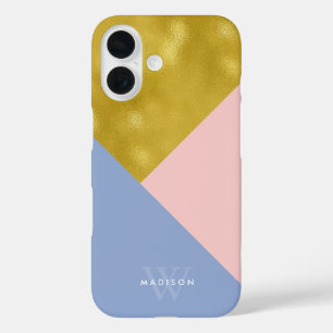 Coques iPhone 16 Périwinkle rose souple et Faux Gold Monogrammé
