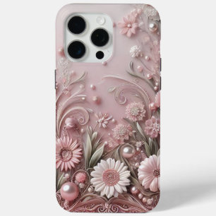 Coque iPhone 15 Pro Max Perles roses dorées élégantes et modernes