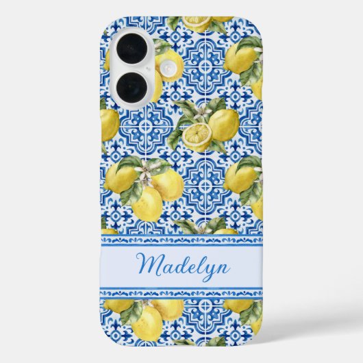 Coques Case-Mate iPhone Personalized Name Blue Tile Mediterranean Lemon (Verso)
