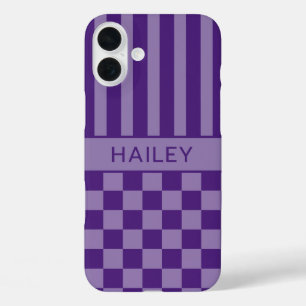 Coques iPhone 16 Plus Personnalisé à rayures à carreaux violets