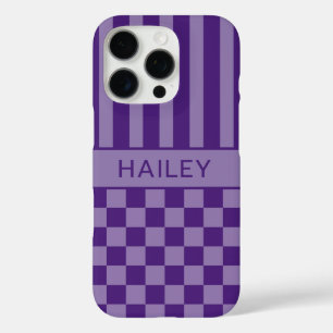Coques iPhone 16 Pro Personnalisé à rayures à carreaux violets