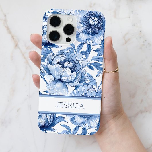Coques Case-Mate iPhone Personnalisé Blue Floral Chinoiserie Fleurs Nom