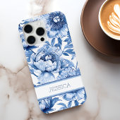Coques Case-Mate iPhone Personnalisé Blue Floral Chinoiserie Fleurs Nom