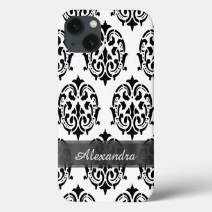 iPhone 13 Coque Personnalisé chic élégant noir et blanc damask