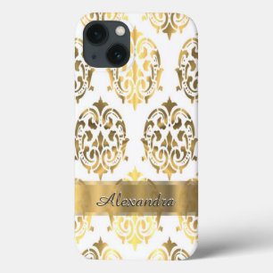 iPhone 13 Coque Personnalisé chic élégant or et blanc damask