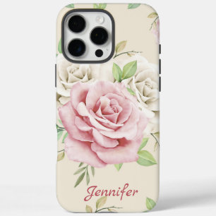 Coques iPhone 16 Pro Max Personnalisé Chic Roses Roses Rose Vert Feuilles F