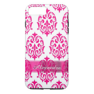 Coques Pour iPhone Personnalisé joli chaud rose et blanc damassé