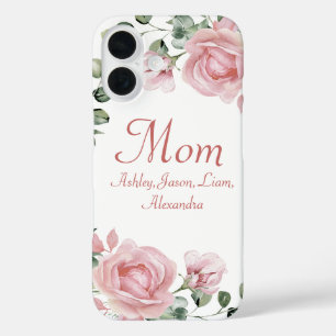 Coques iPhone 16 Personnalisé Maman Rose Roses Floral 4 à 8 Noms d'