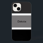 Coque Pour iPhone 14 Personnalisé Moderne Gris Noir Blanc Blancs Nom<br><div class="desc">Boîtier de téléphone portable moderne,  cool et élégant,  avec motif rayé gris,  noir et blanc. Grandes bandes noires et grises avec petites bandes blanches. Personnalisé avec votre nom imprimé en noir.</div>