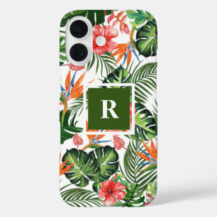 Coques iPhone 16 Personnalisé Monogramme Chic Tropical Motif Vert