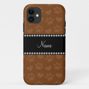 Coque iPhone 11 Personnalisé nom coeur brun et empreintes de patte