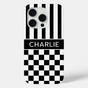 Coque iPhone 15 Pro Personnalisé rayé à carreaux noir et blanc