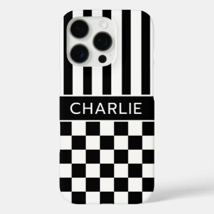 Coques iPhone 16 Pro Personnalisé rayé à carreaux noir et blanc