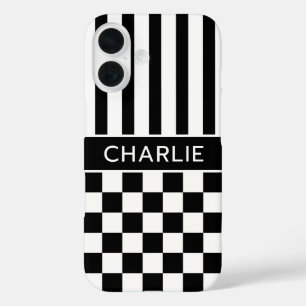 Coques iPhone 16 Personnalisé rayé à carreaux noir et blanc