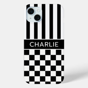 Coque iPhone 15 Mini Personnalisé rayé à carreaux noir et blanc