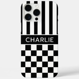 Coques iPhone 16 Pro Max Personnalisé rayé à carreaux noir et blanc