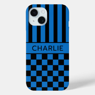 Coque Pour iPhone 15 Personnalisé rayé à carreaux noir et bleu