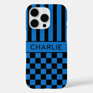 Coques iPhone 16 Pro Personnalisé rayé à carreaux noir et bleu