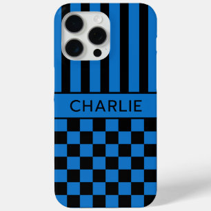 Coque iPhone 15 Pro Max Personnalisé rayé à carreaux noir et bleu
