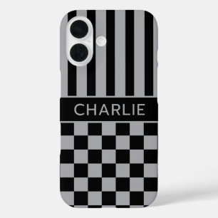 Coques iPhone 16 Personnalisé rayé à carreaux noir et gris
