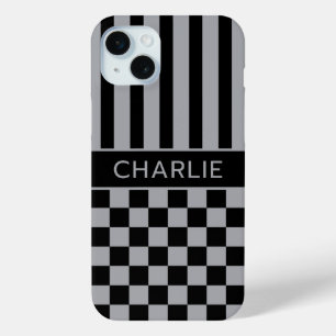 Coque iPhone 15 Mini Personnalisé rayé à carreaux noir et gris