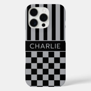 Coques iPhone 16 Pro Personnalisé rayé à carreaux noir et gris