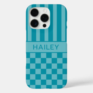 Coques iPhone 16 Pro Personnalisé rayé à carreaux sarcelle