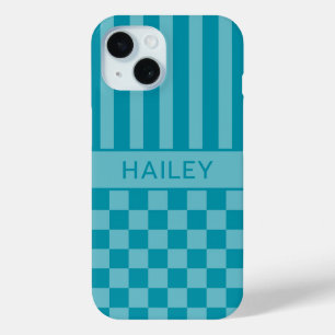 Coque Pour iPhone 15 Personnalisé rayé à carreaux sarcelle