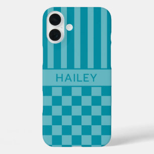 Coques iPhone 16 Plus Personnalisé rayé à carreaux sarcelle