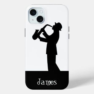 Coque iPhone 15 Mini Personnaliser artistique du musicien saxophone Sil