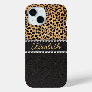 Coque Pour iPhone 15 Personnaliser Tache de Léopard Strass Diamants