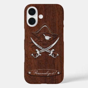 Coques iPhone 16 Personnalisez-le ! Crâne de pirate d'acajou marin 