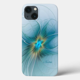 iPhone 13 Coque Petite Beauté Fleur Fractale Moderne Bleu Or Nom